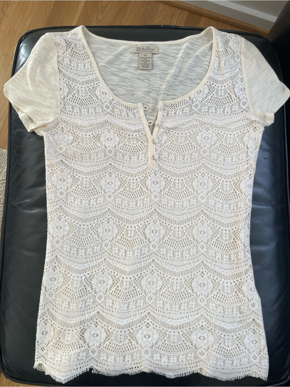 Lucky Brand Ivory Crochet Lace Short Sleeve Henley Top